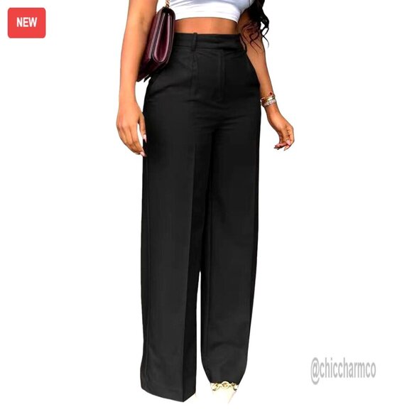 Pants - High Waisted Wide Leg Dress Pants Business Casual Slacks Polyester Spandex